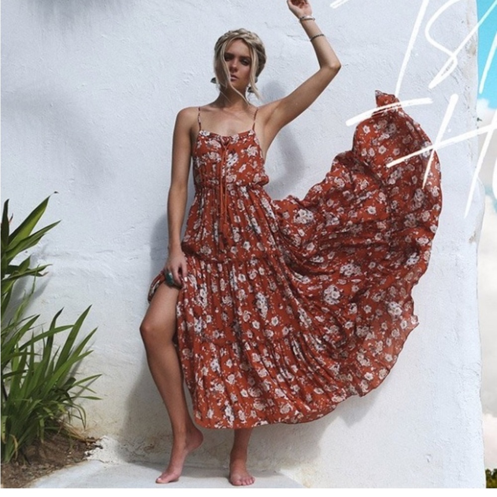 Band of gypsy Rust Floral Maxi Dress with Spaghetti Straps - small